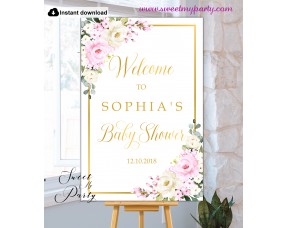 Pink Ivory Baby Shower Welcome Sign template,(135)